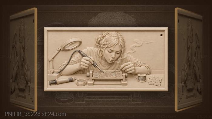 Girl soldering intricate electronic circuit 3d STL model