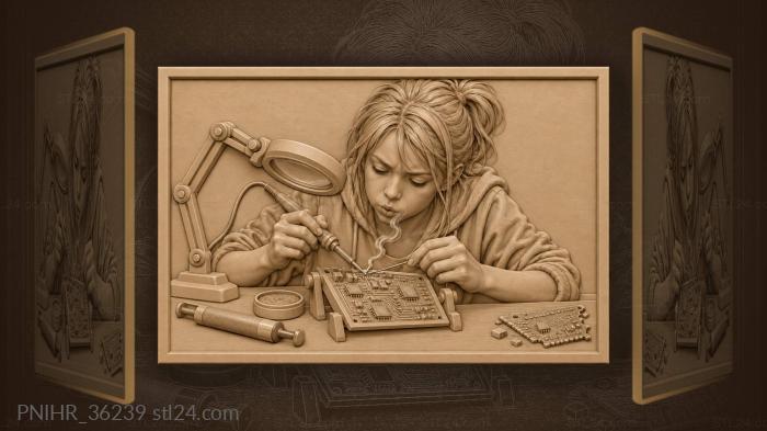 Girl soldering intricate circuit board 3d STL model