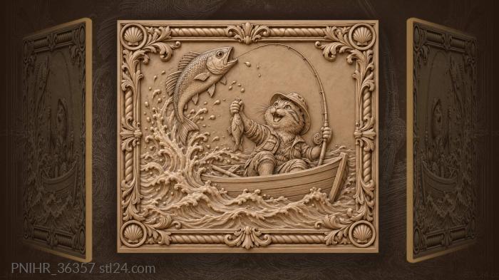Grinning cat holds fish in boat 3d STL model
