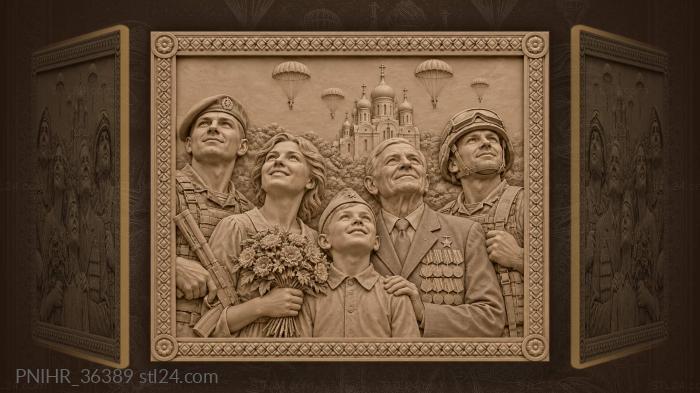 Parachutes over the church and smiling soldiers 3d STL model