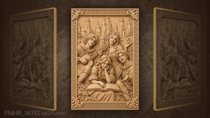 Youths with book and guitar before towers 3d STL model