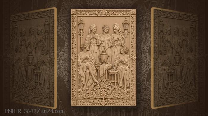 Women in bathrobes around a samovar under lamps 3d STL model
