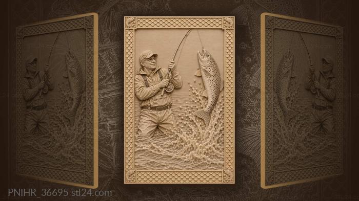 Splashing trout above the angler in glasses 3d STL model
