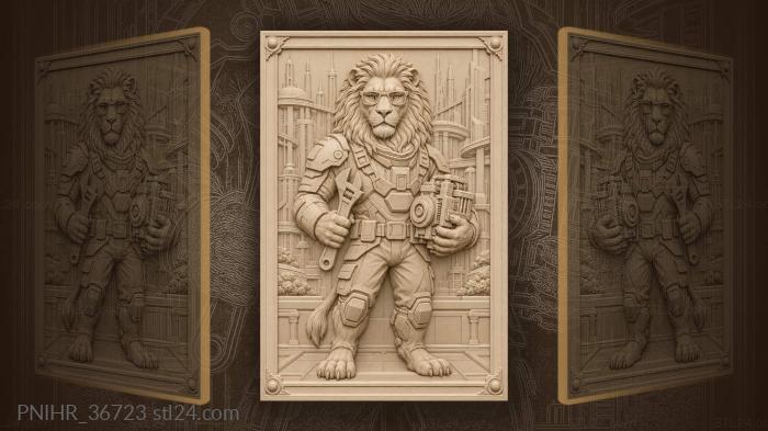 Engineer lion builds machinery among towers 3d STL model