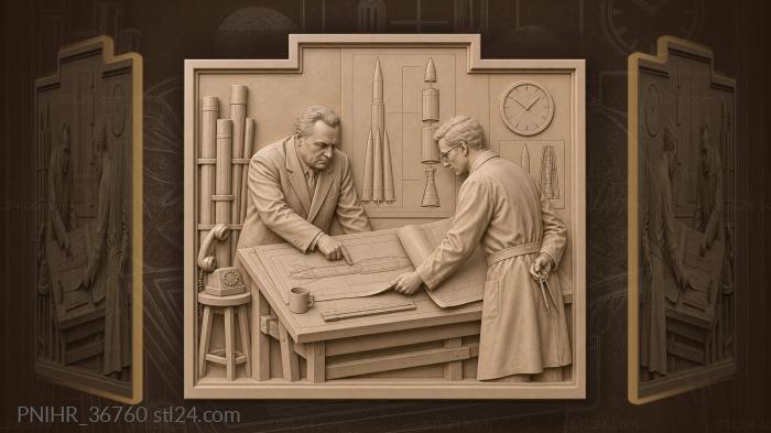 Korolev reviewing rocket design with engineer 3d STL model