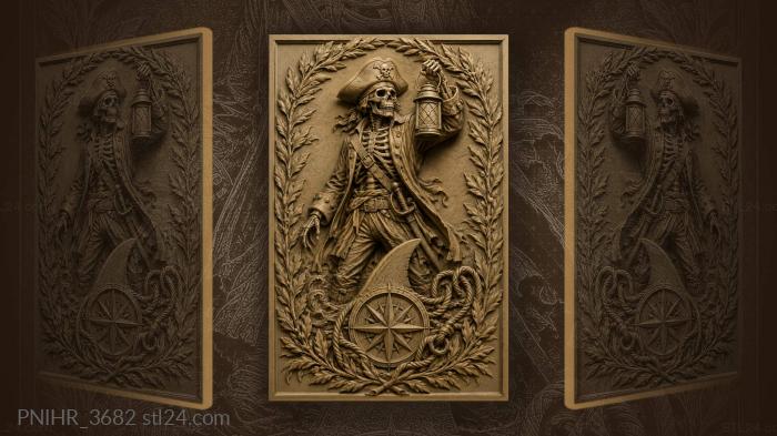 Pirate skeleton lifting a lantern above a fin 3d STL model