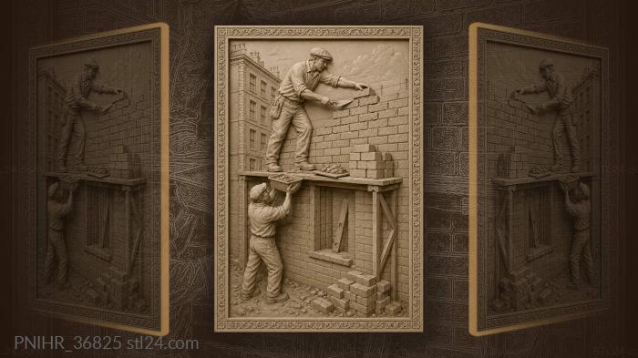 Bricklayer lays bricks while mate hoists mortar 3d STL model