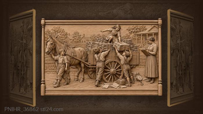 Paper haul village scene children work 3d STL model