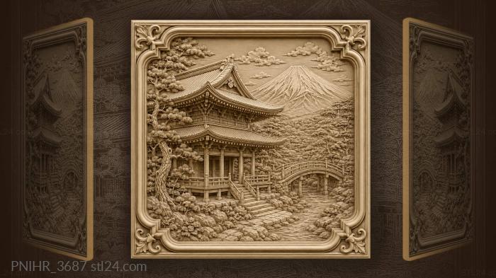 Japanese garden distant mountain bridge 3d STL model