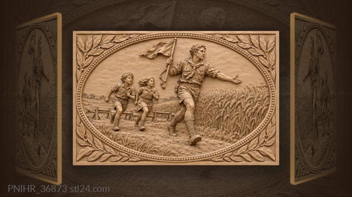 Leader with flag children running 3d STL model