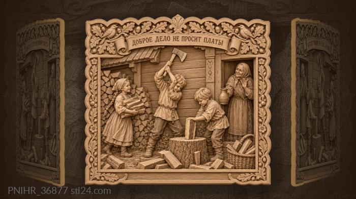 Woodcutters children helping thankful elder 3d STL model