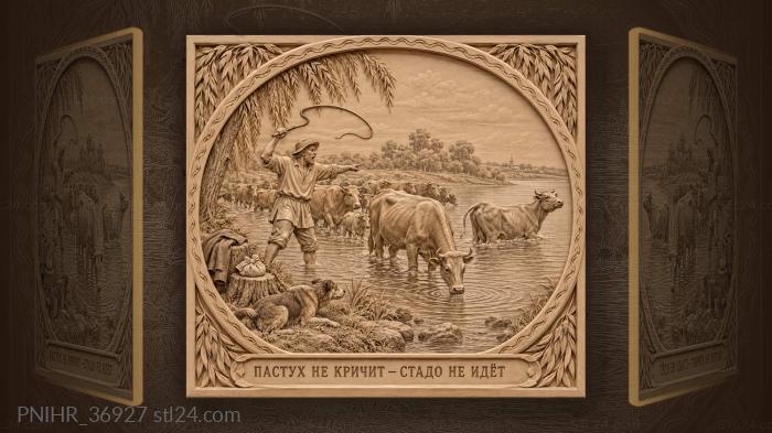 Herdsman waters his herd by the river 3d STL model