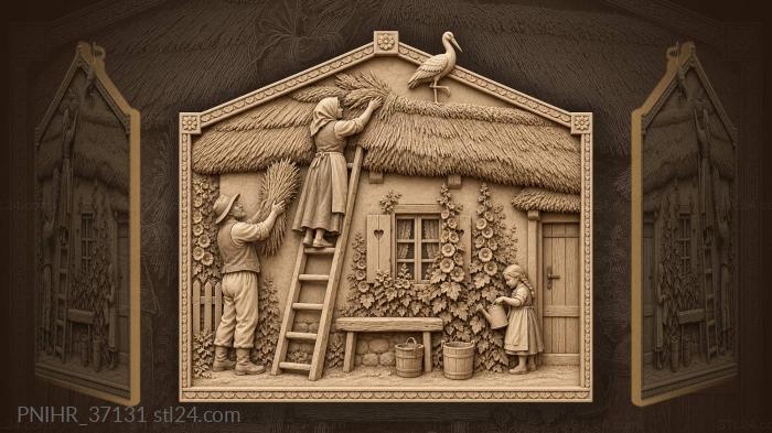 Woman tucking fresh straw into thatch 3d STL model