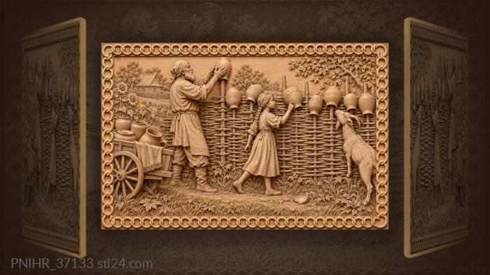 Potter with jugs on wattle fence 3d STL model
