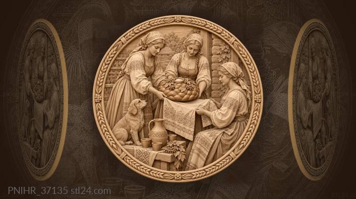 Three women lowering a loaf onto embroidery 3d STL model