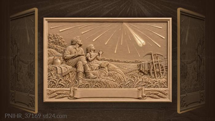 Meteors streak while picnickers sit below 3d STL model