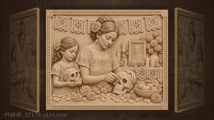 Remembrance altar with skulls and flowers 3d STL model