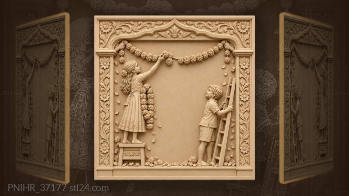 Children string marigolds across the window 3d STL model