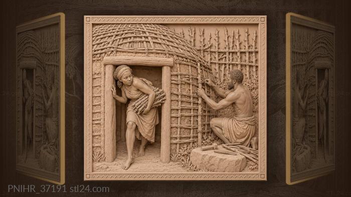 Firewood carrier enters the handmade hut 3d STL model