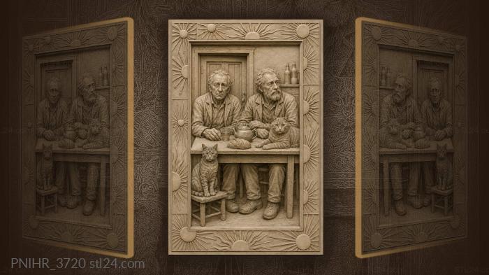 Two old men and two cats indoors 3d STL model