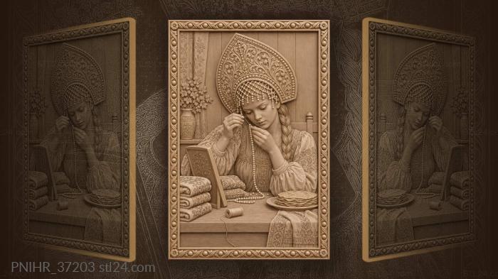 Girl threading river pearls onto a net 3d STL model