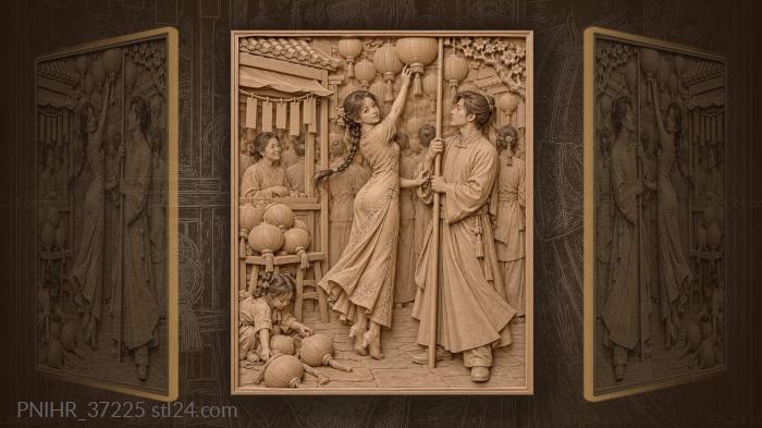 Young woman reaches festival lantern 3d STL model