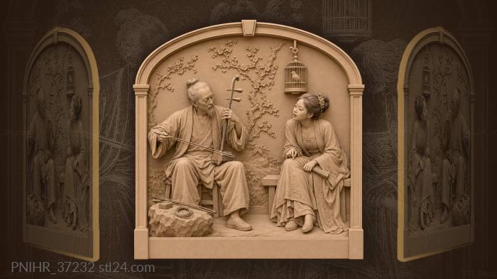 Old musician with erhu and listener 3d STL model