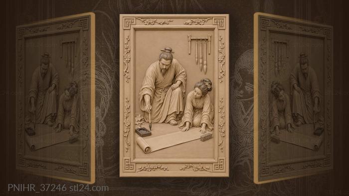 Calligrapher and his wife over a scroll 3d STL model