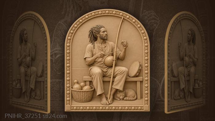 Musician strikes berimbau beside sleeping cat 3d STL model