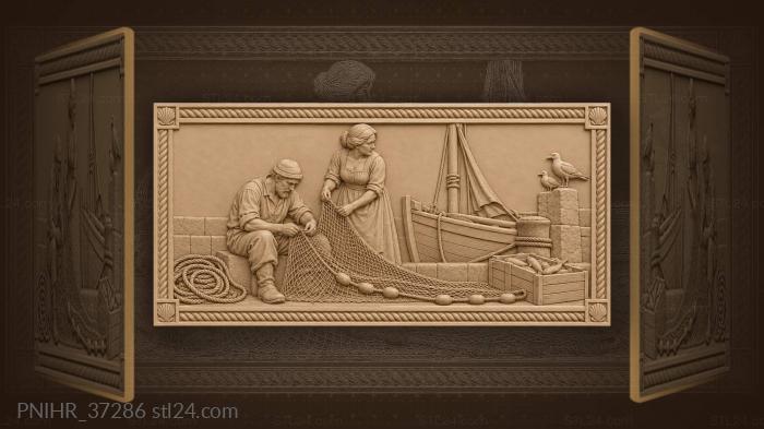 Wife helping mend the net on the quay 3d STL model
