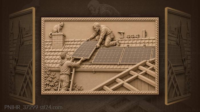 Installers mount solar array on roof 3d STL model