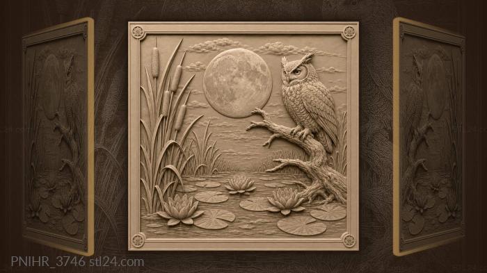 Owl beside cattails and round moon 3d STL model