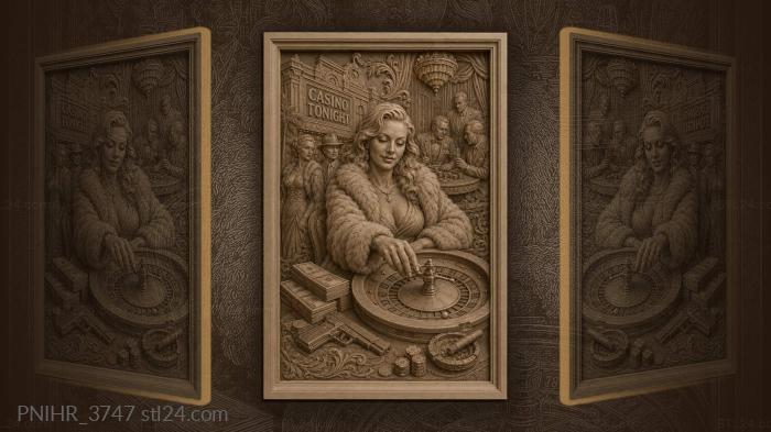 Woman spins roulette above cash and pistol 3d STL model
