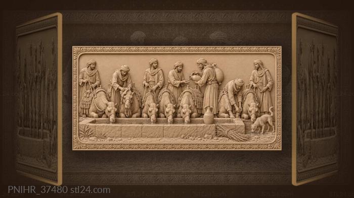 Desert riders watering camels at trough 3d STL model