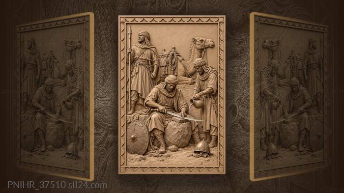 Desert guards sharpening swords camels rest 3d STL model