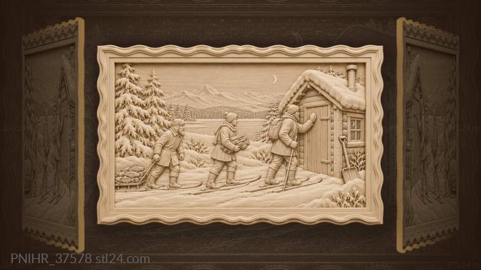Winter travelers approaching cozy cabin 3d STL model