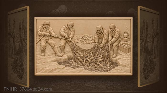 Ice fishermen lift whitefish beside steaming kettle 3d STL model