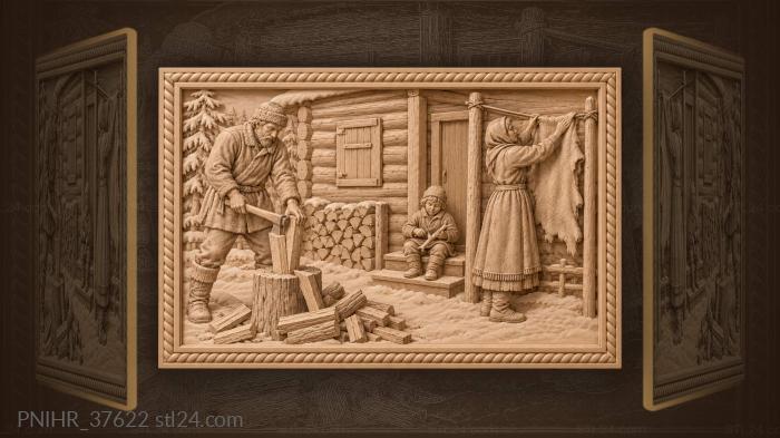 Winter cabin life northern scene 3d STL model