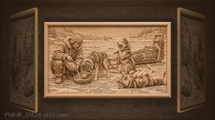 Dog team rests by frozen river 3d STL model