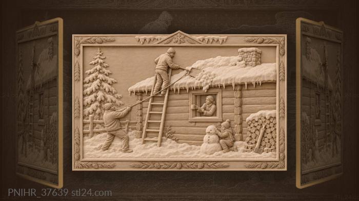 Winter cabin snow clearing scene 3d STL model