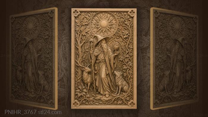 Wizard below a sunburst amid vines 3d STL model