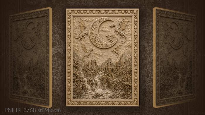 Moonlit dragons over ancient castle 3d STL model