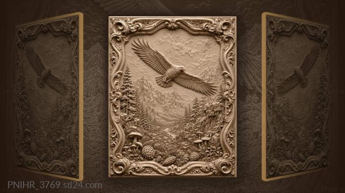 Eagle crossing mountains above scattered mushrooms 3d STL model