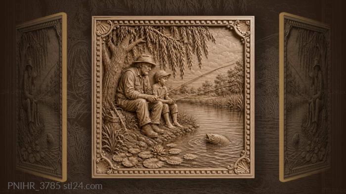 Grandfather and boy fish beneath willow 3d STL model