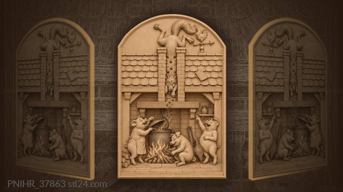 Wolf stuck in chimney above three pigs 3d STL model
