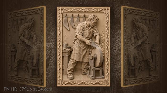 Blacksmith honing plowshare at grinding wheel 3d STL model