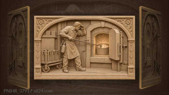 Glassmaker checking molten glass inside furnace 3d STL model