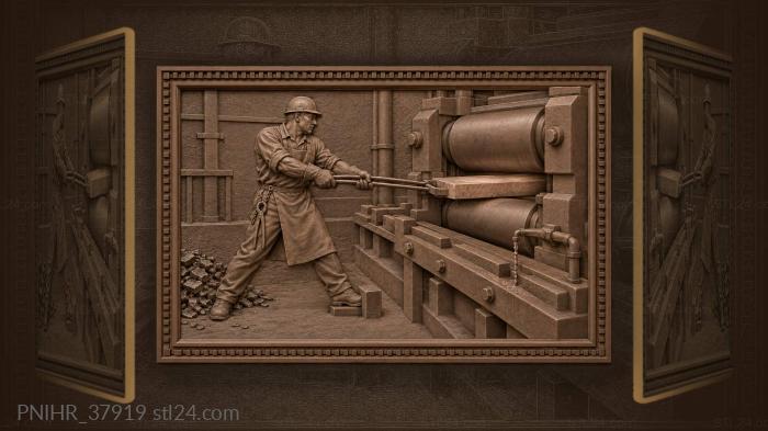 Rolling operator feeds a glowing slab into rollers 3d STL model