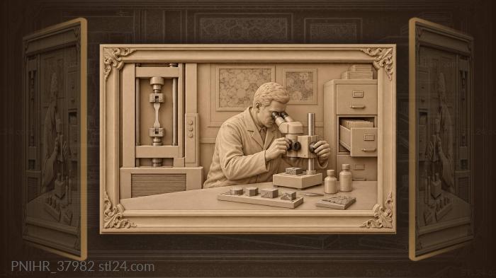 Researcher examines sample under microscope 3d STL model