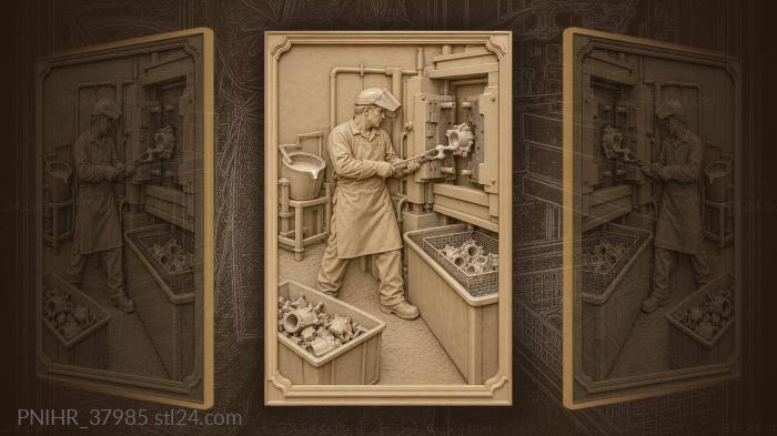 Foundry worker extracts casting from machine 3d STL model